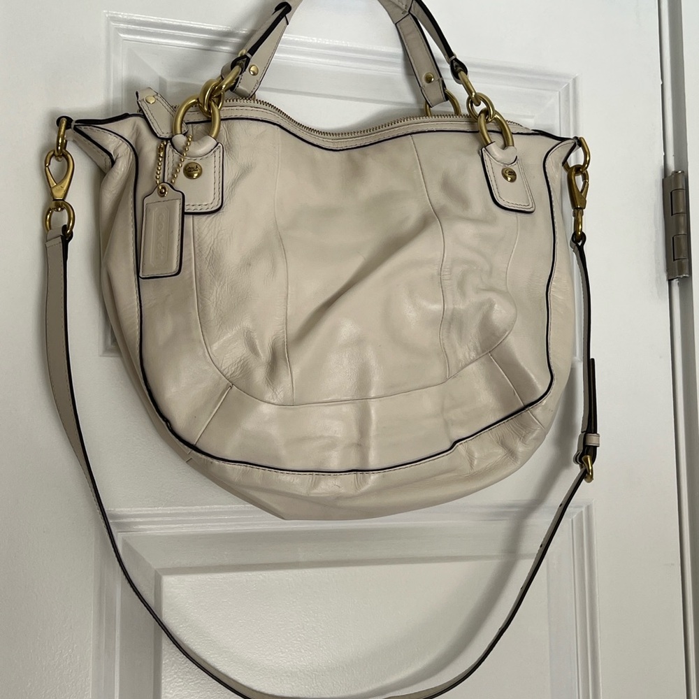 Coach white beige woven leather satchel crossbody handbag purse - Picture 2 of 7